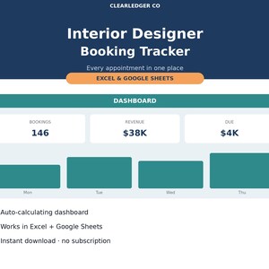 Puede incluir: Kit de proyectos y facturación para diseñadores de interiores de CLEARLEDGER CO. Este paquete incluye 5 plantillas empresariales para Excel y Google Sheets. El panel cuenta con herramientas de cálculo automático, acceso de por vida y cuatro cuadros de datos A, B, C y D.