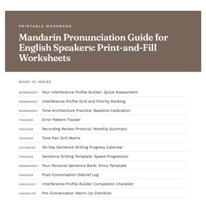 Pode incluir: Um caderno de exerc&iacute;cios imprim&iacute;vel intitulado Mandarin Pronunciation Guide for English Speakers: Print-and-Fill Worksheets. O documento lista conte&uacute;dos incluindo um construtor de perfil de interfer&ecirc;ncia, pr&aacute;tica de tons, rastreador de erros e v&aacute;rias listas.
