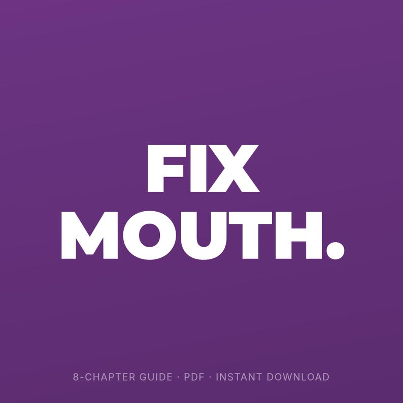Pode incluir: Uma capa de documento digital com um fundo roxo s&oacute;lido apresentando o texto branco FIX MOUTH. centralizado no meio. Abaixo do t&iacute;tulo principal, um texto branco menor diz 8-CHAPTER GUIDE &middot; PDF &middot; INSTANT DOWNLOAD, indicando um arquivo digital.