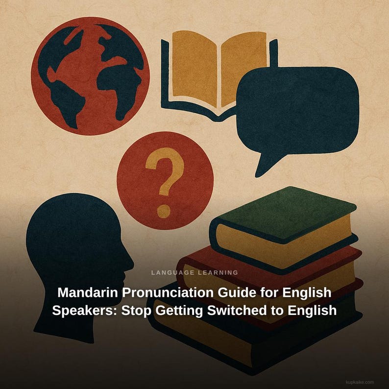Pode incluir: Uma ilustra&ccedil;&atilde;o gr&aacute;fica com um globo, um livro aberto, um bal&atilde;o de fala, um ponto de interroga&ccedil;&atilde;o e uma pilha de tr&ecirc;s livros. O texto diz: LANGUAGE LEARNING Mandarin Pronunciation Guide for English Speakers: Stop Getting Switched to English.