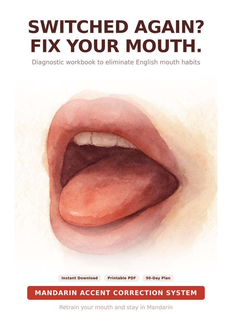 Pode incluir: Uma capa de caderno de exerc&iacute;cios de diagn&oacute;stico intitulada SWITCHED AGAIN? FIX YOUR MOUTH. Diagnostic workbook to eliminate English mouth habits. Apresenta uma ilustra&ccedil;&atilde;o em aquarela de uma boca aberta e l&iacute;ngua, com etiquetas para Instant Download, Printable PDF, 90-Day Plan e MANDARIN ACCENT CORRECTION SYSTEM.