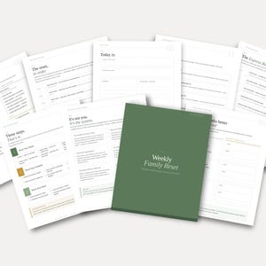 May include: A collection of white paper planner pages with black text and a dark green cover page titled Weekly Family Reset. The pages include checklists, step-by-step instructions, and blank fields for daily planning, organization, and family management tasks.