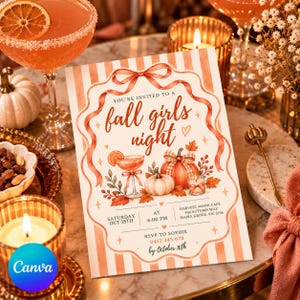 May include: A rectangular invitation card with orange and white vertical stripes featuring a decorative ribbon border. The text reads: You're invited to a fall girls night, Saturday Oct 18th at 6:00 PM, Harvest Moon Cafe, 456 Autumn Way, Maple Grove, VIC 3756.