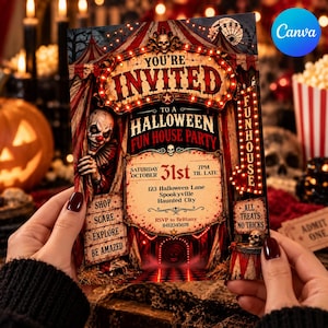 May include: A rectangular Halloween party invitation card featuring a red and white circus tent theme with a clown peeking from behind a curtain. The text reads: You're Invited to a Halloween Fun House Party, Saturday October 31st, 7pm til late.