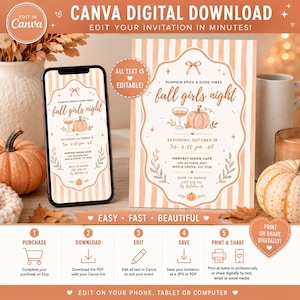 May include: A digital invitation template for a fall girls night event featuring a pumpkin, a cocktail glass, and decorative foliage. The design includes vertical stripes and text that reads Pumpkin Spice & Good Vibes, fall girls night, Saturday, October 18, 6:00 pm, Harvest Moon Cafe, 456 Autumn Way, Maple Grove, VIC 3756, and RSVP to Sophie.
