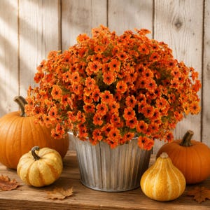 May include: A galvanized metal bucket filled with a dense cluster of small, vibrant orange flowers with dark centers. The bucket is surrounded by three pumpkins of varying sizes and colors, including two orange pumpkins and one pale yellow gourd.