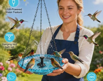 Hanging Bird Bath Fountain, USB Powered Glass Bowl Water Feature, Attracts Birds