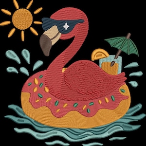 Flamingo Pool Float Embroidery Design, Summer Flamingo Embroidery File, Tropical Vacation Machine Embroidery Pattern,