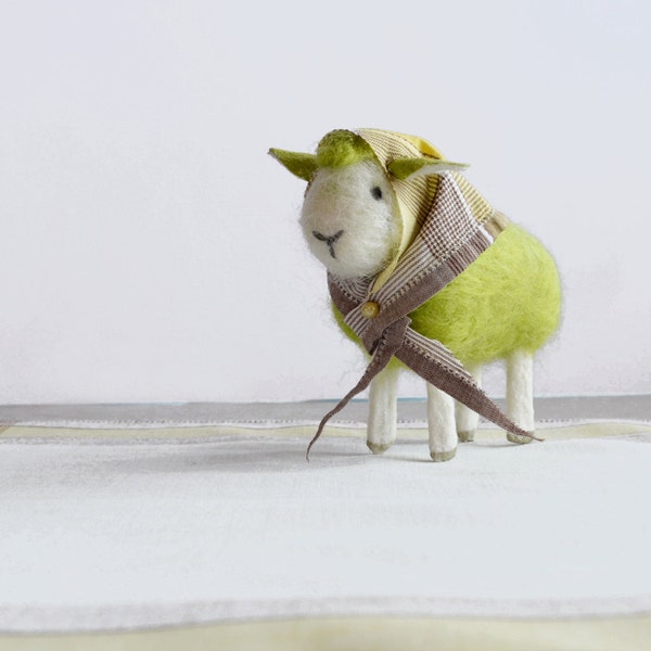 Felted green wool sheep wearing a vintage headscarf fabric - child book story inspiration - needle felted