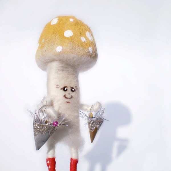 Lady Mushroom with yellow mustard hat and red boots - needle felted - acrylic accents