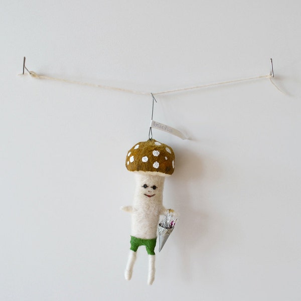 Mushroom Boy with a candy cone - needle felted - acrylic accents