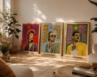 David Bowie, Elton John, Freddie Mercury Poster-Set (3-teilig), Retro-Musik-Wandkunst, Vintage-Rock-Drucke, Galerie-Wanddekoration, Digitaler Download