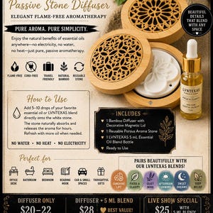 May include: A round bamboo passive stone diffuser with a decorative magnetic lid featuring a floral cutout pattern. The set includes a white porous aroma stone and a 5 mL bottle of LVNTEXAS Focus & Clarity essential oil blend on a beige background.