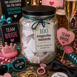 May include: A glass jar with a black lid containing white paper slips, featuring a tag that reads 100 Junggesellen-momente für einen einzigartigen, verrückten Tag, surrounded by party props including sunglasses, a bow tie, and signs.