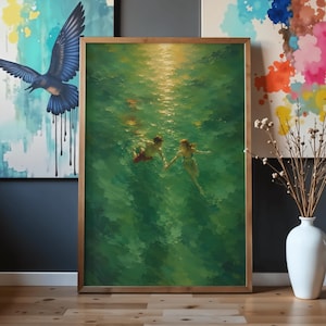 Couple Swimming in Green Abstract Print, Vintage Retro Wall Art, Summer Holiday Decor,  Digital Download, Vertical Printable, Modern Decor