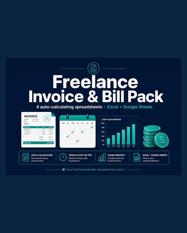 May include: A digital Freelance Invoice & Bill Pack featuring 4 auto-calculating spreadsheets for Excel and Google Sheets. The graphic displays an invoice template, a calendar, a cash flow bar chart, and a stack of teal coins on a dark blue background.