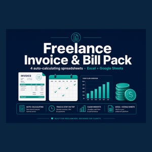 May include: A digital graphic for a Freelance Invoice & Bill Pack featuring four auto-calculating spreadsheets for Excel and Google Sheets. The design includes an invoice template, a calendar, a cash flow bar chart, and a stack of teal coins.