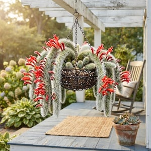 May include: A hanging wire basket containing a trailing cactus with long, fuzzy, light green stems and numerous bright red tubular flowers. The basket is suspended by a metal chain from a white wooden pergola structure on a porch.