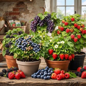Peut inclure: Une collection de plantes fruitières en pot comprenant des raisins, des framboises, des myrtilles, des mûres et des fraises. Les plantes sont disposées sur une surface en bois avec des baies éparpillées devant les pots, aux fruits rouges, bleus et violets.