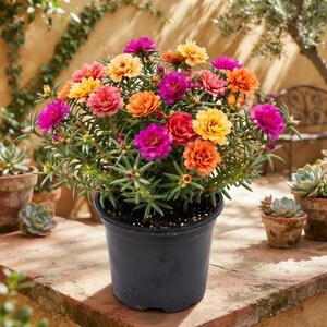 May include: A potted Portulaca plant featuring a dense cluster of vibrant, multi-colored flowers in shades of magenta, bright orange, yellow, and soft pink. The plant has thin, succulent green leaves and is housed in a simple black plastic pot.