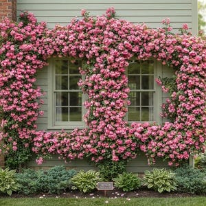 Op de afbeelding: Een huisgevel met een dubbel raam omlijst door dichte, klimmende roze rozenstruiken. De muur is bedekt met lichtgroene horizontale gevelbekleding, met een rode bakstenen schoorsteen aan de linkerkant en groene struiken aan de onderkant.