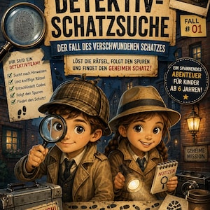 Könnte beinhalten: Ein Detektiv-Schatzsuche-Spielset mit zwei illustrierten Kindern in Trenchcoats und Hüten. Das Spielbrett zeigt den Text DETEKTIV-SCHATZSUCHE, FALL #01 und VERTRAULICH! NUR FÜR DETEKTIVE, zusammen mit einer Lupe und einem Notizblock.