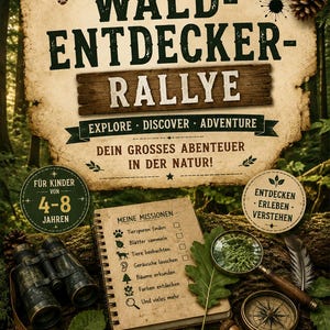 Könnte beinhalten: Ein Wald-Entdecker-Rallye Aktivitätsset mit einem Papierschild mit Waldgrafiken, einem Fernglas, einem spiralgebundenen Missionsheft, einer Lupe und einem Kompass. Der Text enthält Explore, Discover, Adventure und verschiedene Missionslisten.