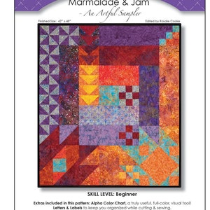 May include: Marmalade & Jam - An Artful Sampler quilt pattern featuring a colorful patchwork design with geometric shapes. The pattern is designed by Sarah Whitney and is available from Sweet Clover Canyon.