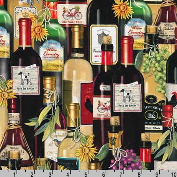 Wine Bottles, from the Uncork and Unwind Collection, by Mary Lake-Thompson, for Robert Kaufman Fabrics, 44" Wide - by the Half Yard