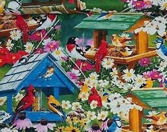 Spring Again, Garden Birds & Daisies, by William Vanderdasson, of Art Licensing. for David Textiles, 21" Long x 44" Wide, Bolt End