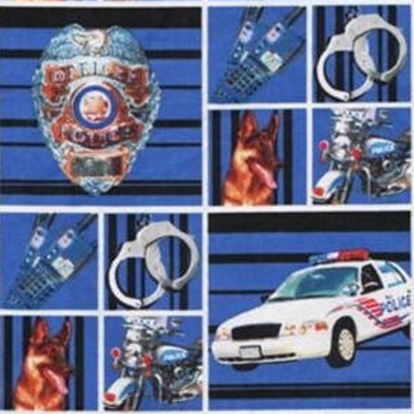 Police, Hometown Heroes, by Print Concepts, Fabrique Innovations, 44" Wide, by the Half Yard - Police Cars, Badges, First Responders