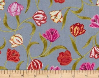 Tulips on Gray, from the Tulips Fields Collection, by Lewis & Irene, 44" Wide - By the Half Yard