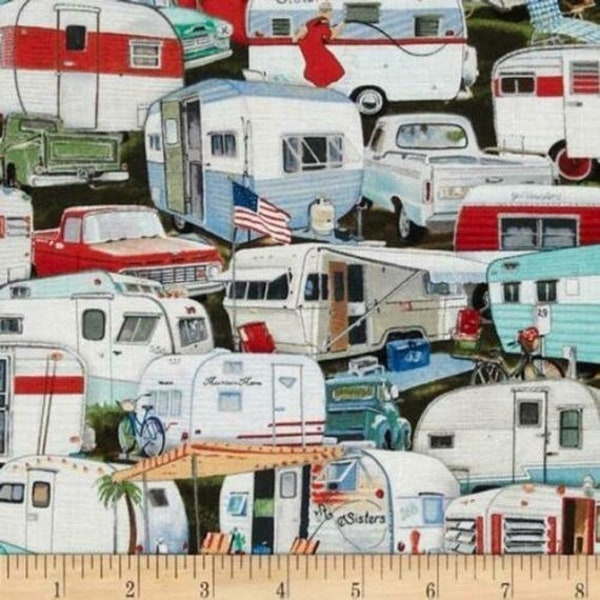 Campers, Packed Vintage Trailers, by Page Bridges, for Elizabeth's Studio - 44" Wide, by the half yard