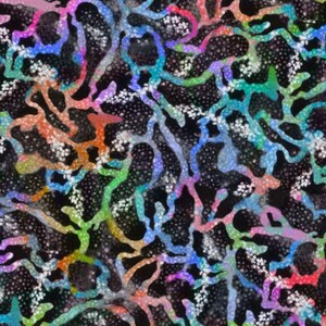 May include: Abstract pattern featuring a dark background with colorful, interconnected, organic shapes in shades of blue, green, orange, and purple. White speckles are scattered throughout the design, creating a textured effect. The overall aesthetic is vibrant and artistic.