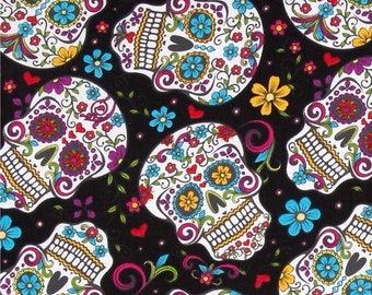 Folkloric Sugar Skulls on Black, Day of the Dead, Quilting Cotton, by David Textiles, 44" Wide - by the Half Yard