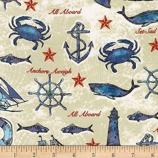 Whales, Lighthouses, Sailing Ships & More, Anchors Aweigh, from the Set Sail Collection, by Robert Kaufman, 44" Wide - by the half yard
