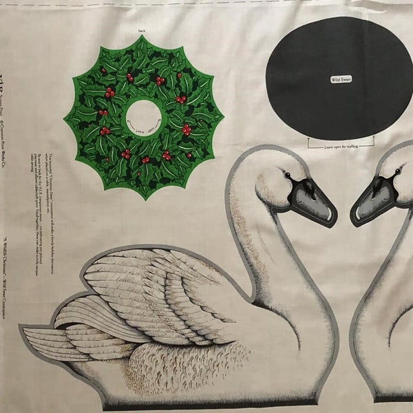 Christmas Swan, Stuffed Swan & Holly Wreath, Wild Swan Centerpiece, Panel from Cranston VIP, Cranston Print Works - OOP VHTF