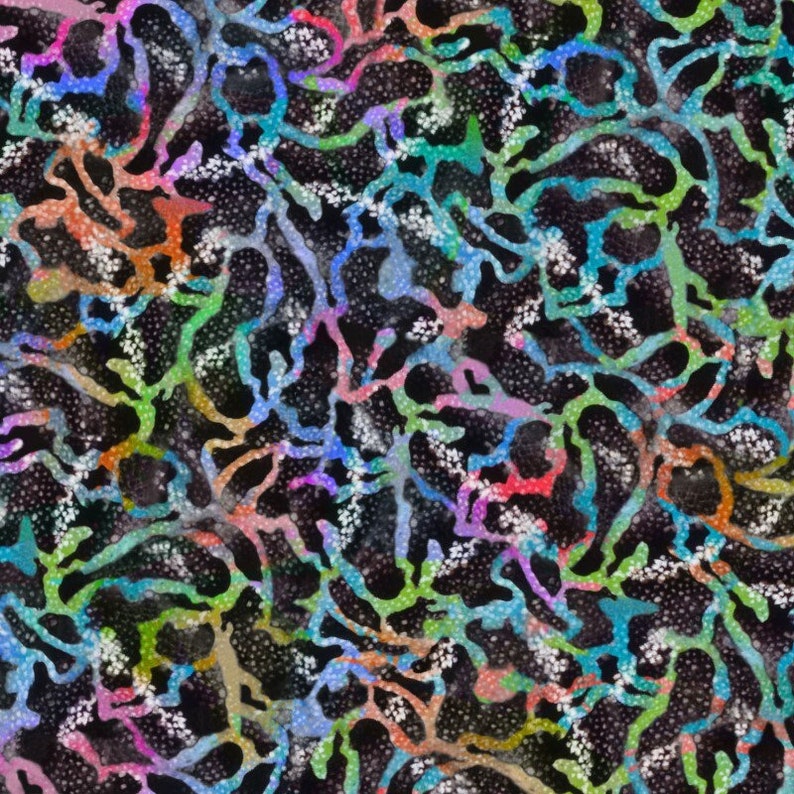 May include: Abstract pattern featuring a dark background with colorful, interconnected, organic shapes in shades of blue, green, orange, and purple. White speckles are scattered throughout the design, creating a textured effect. The overall aesthetic is vibrant and artistic.