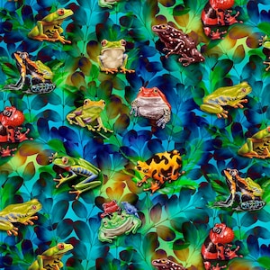 May include: A vibrant pattern featuring numerous colorful frogs in various poses. The frogs are depicted in shades of green, yellow, orange, red, and black, set against a backdrop of blue and green foliage. The design is detailed and eye-catching, suitable for fabric or wallpaper.