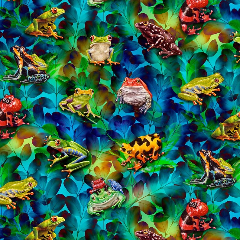 May include: A vibrant pattern featuring numerous colorful frogs in various poses. The frogs are depicted in shades of green, yellow, orange, red, and black, set against a backdrop of blue and green foliage. The design is detailed and eye-catching, suitable for fabric or wallpaper.
