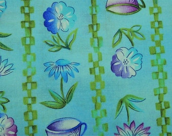 Daisies & Teacups, Turquoise Floral Stripe, 100% Cotton, By the Half Yard