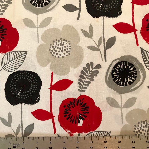 Floral Fun, a Waverly Inspirations Screenprint, Gray & Red Poppies, Quilting Cotton, 15" x 44" wide, Bolt End