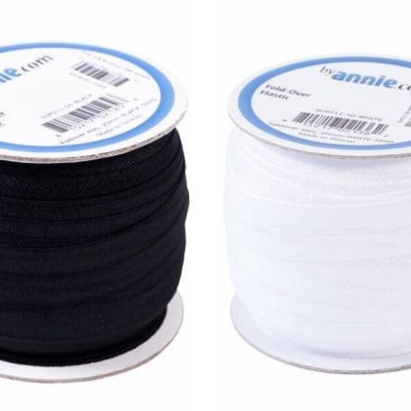 Fold-Over Elastic, 3/4" Wide, from By Annie, Black or White - By the Yard (2 Yard Minimum)