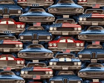 Muscle Cars, Patriotic Oncoming Cars, American Muscle Collection, by Chelsea Design Works, for Studio E Fabrics, 44" Wide - by the half yard