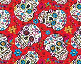 Folkloric Sugar Skulls on Red, Day of the Dead, Quilting Cotton, by David Textiles, 44" Wide - by the Half Yard