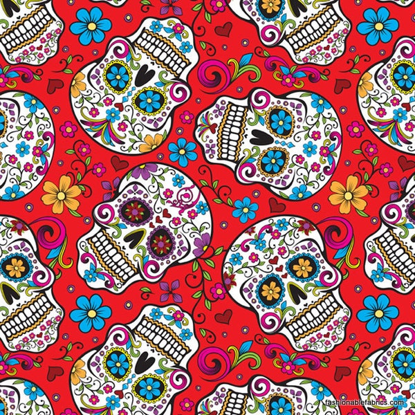 Folkloric Sugar Skulls on Red, Day of the Dead, Quilting Cotton, by David Textiles, 44" Wide - by the Half Yard