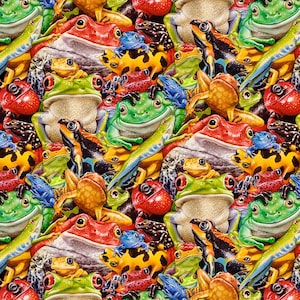 May include: A vibrant, colorful pattern featuring a multitude of frogs in various sizes and colors. The frogs are depicted in shades of green, red, yellow, blue, and black, creating a lively and eye-catching design. The overall theme is nature and wildlife.