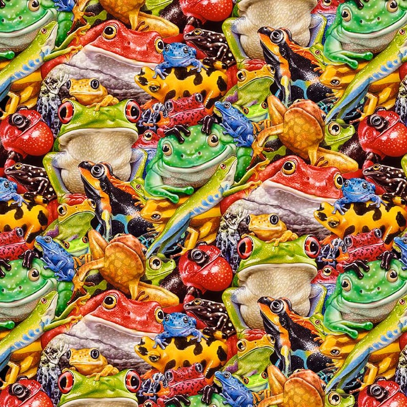May include: A vibrant, colorful pattern featuring a multitude of frogs in various sizes and colors. The frogs are depicted in shades of green, red, yellow, blue, and black, creating a lively and eye-catching design. The overall theme is nature and wildlife.