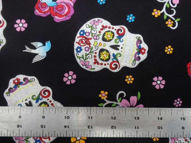 Glitter Sugar Skulls, Day of the Dead, Folkloric Cotton Fabric, by David Textiles, 44 Wide by the Half Yard image 3