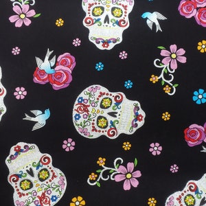 Glitter Sugar Skulls, Day of the Dead, Folkloric Cotton Fabric, by David Textiles, 44 Wide by the Half Yard image 2